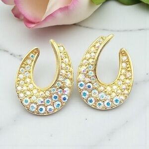 Swarovski Aurora Borealis Crystal Gold-Tone Crescent Earrings  EUC